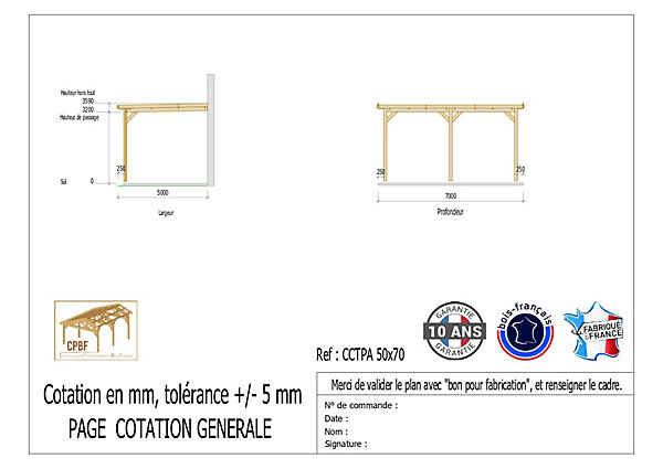 Carport toit plat adossé 500cmx700cm bois DOUGLAS français (charpente - auvent - abri camping-car). 35 m². Garantie 10 ans.