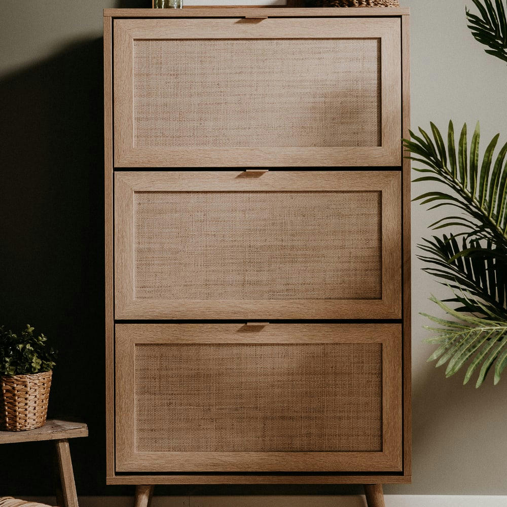 TIVAT - Meuble à chaussures en bois 3 tiroirs effet cannage