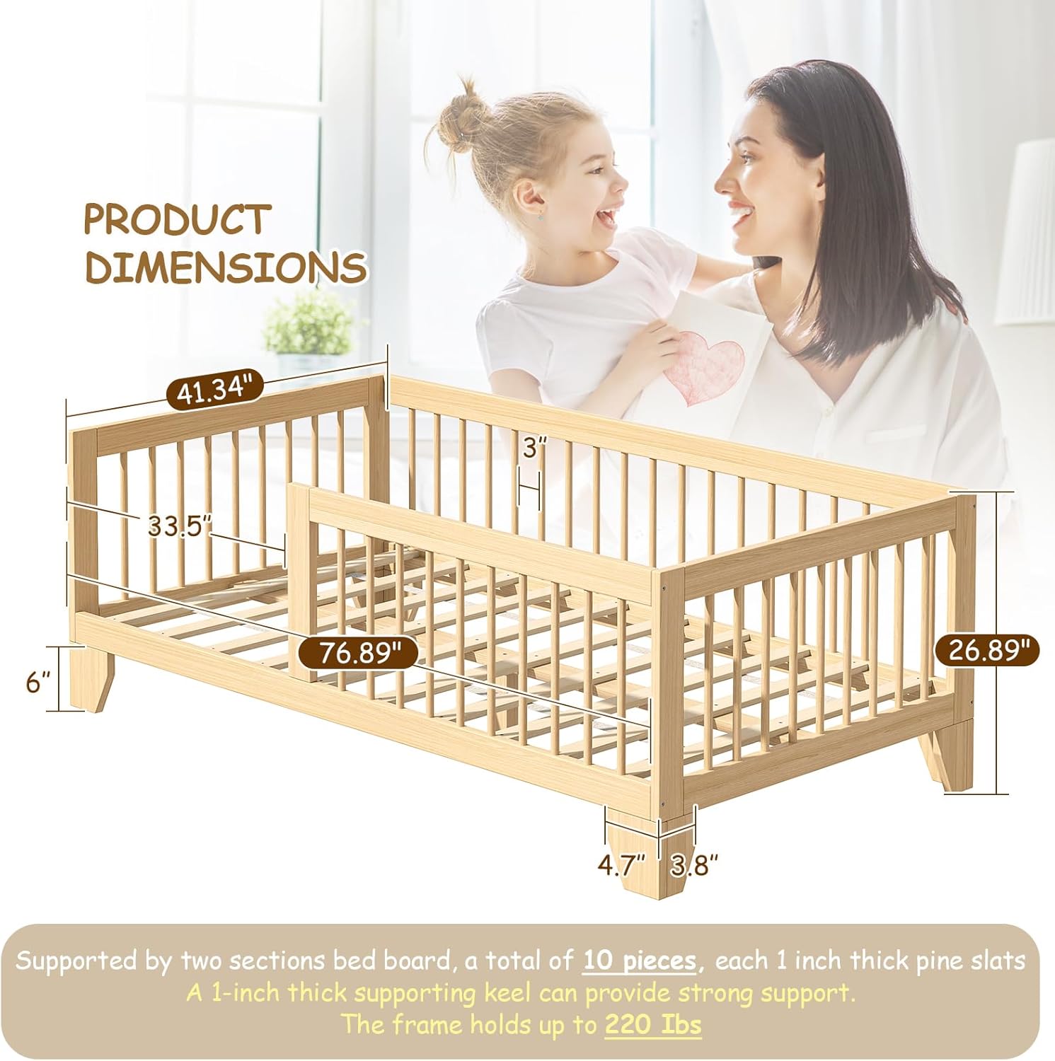 EXPERLAM Montessori Toddler Bed - Variable Twin Toddler Bed Frame with Removable Fences, Legs and 10 Board Slats, Toddler Floor Bed with Sturdy Wooden, Floor Bed for All Ages Kids, Bedroom, Livingroom