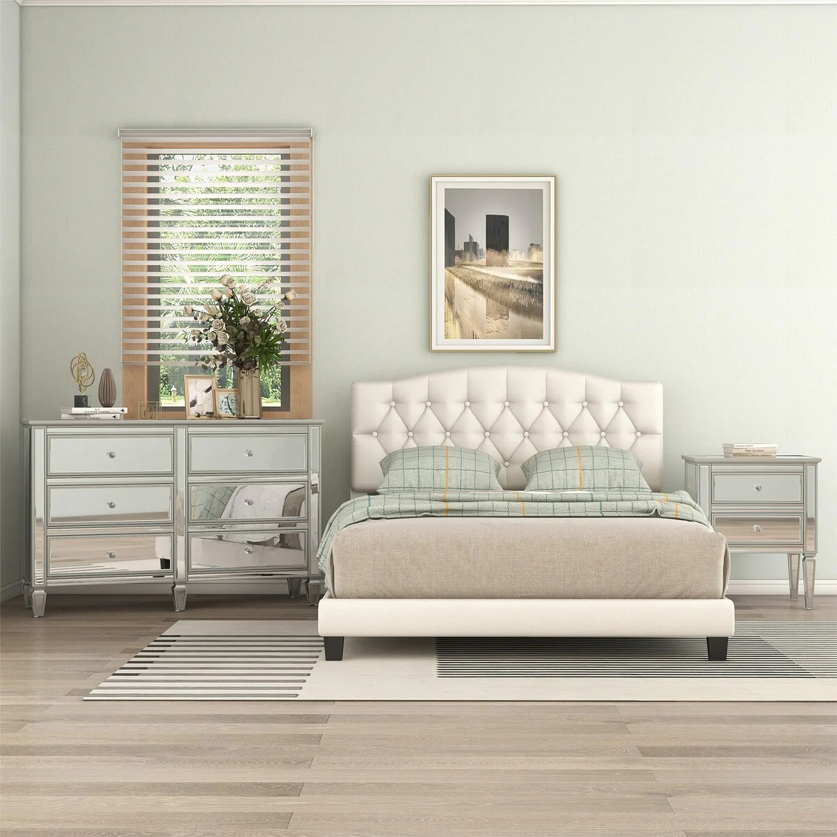 3 Pieces Bedroom Set Upholstered Curved Tufted Linen Platform Bed Frame with Mirrored Silver Finished Nightstand and Dresser