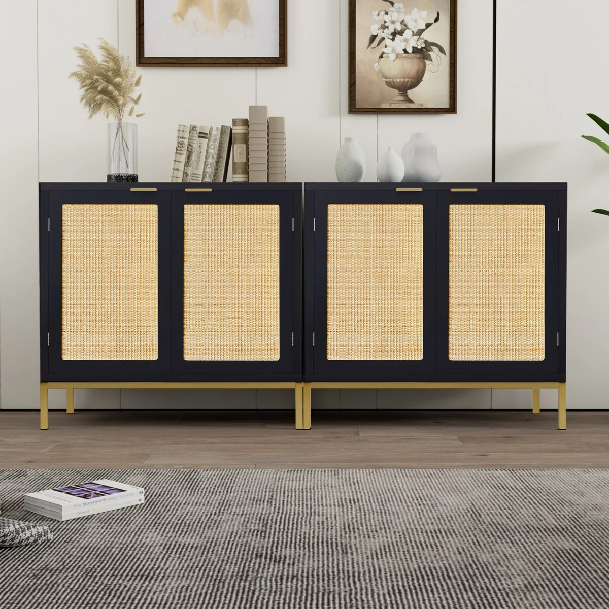 Anmytek Mid-Century Modern Black Wood Rattan Buffet Sideboard Accent Cabinet with 2 Doors