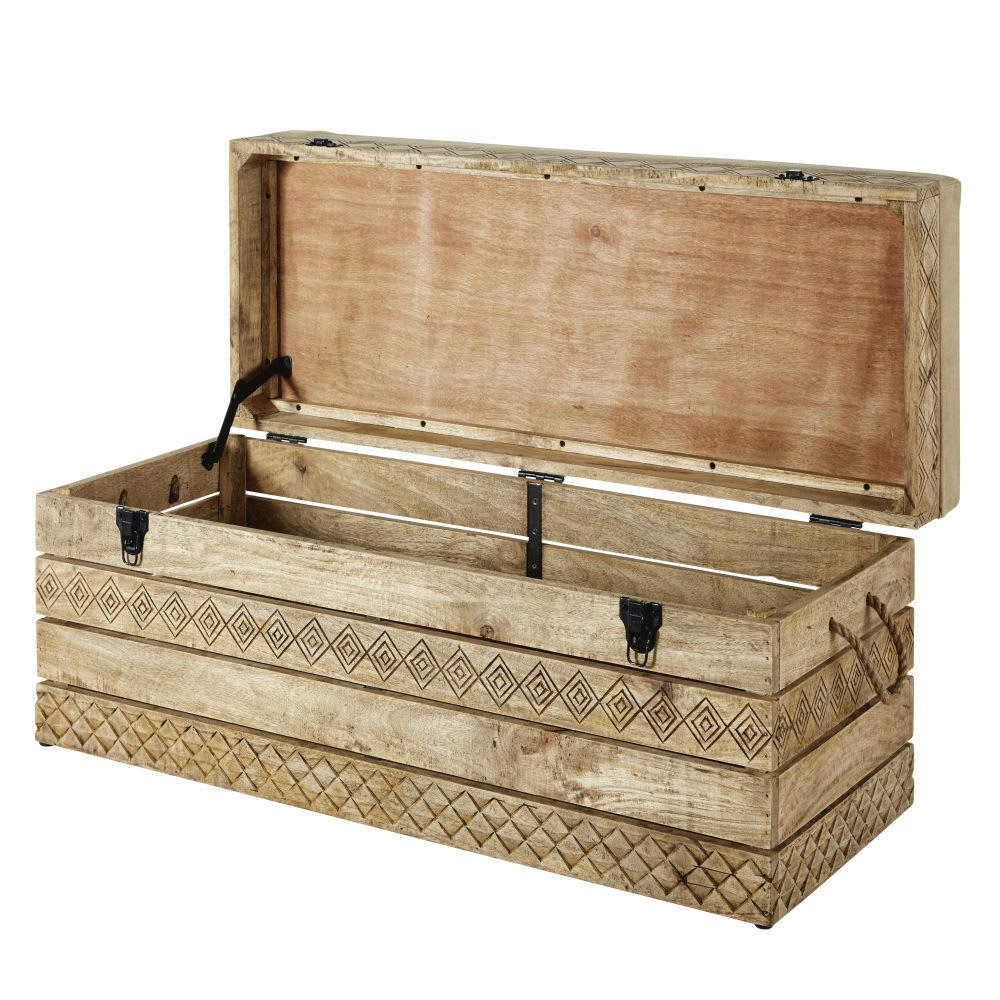 SUMAI - Banquette coffre en bois de manguier et coton beige foncé