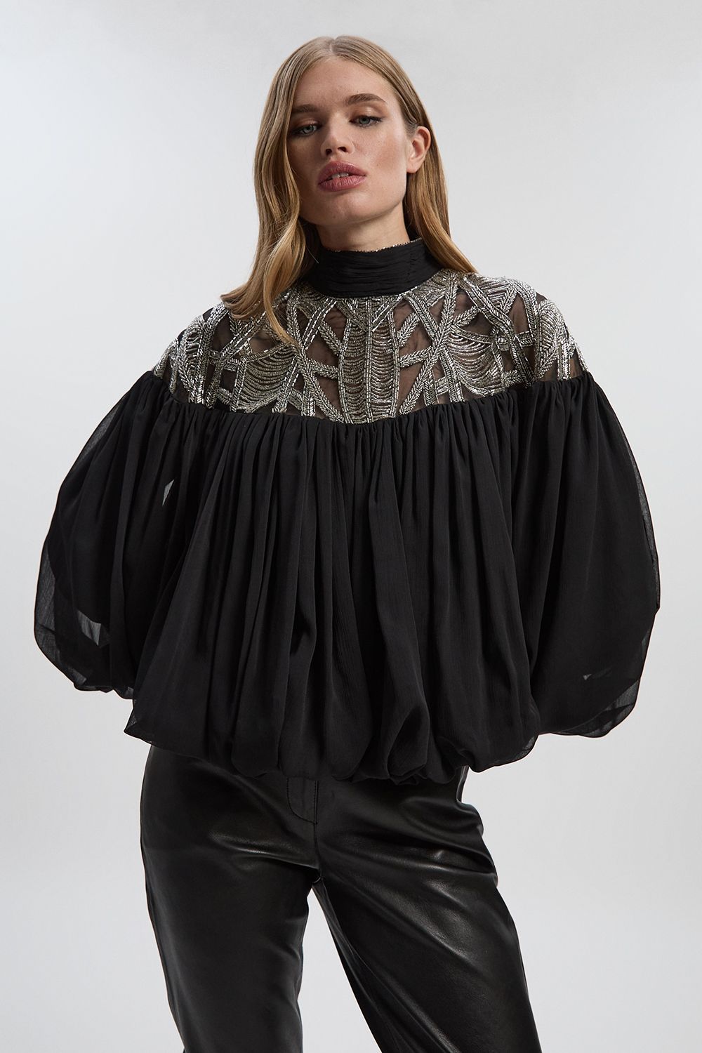 KarenMillen Crystal Embellished Cutwork Cape Detail Woven Drama Blouse