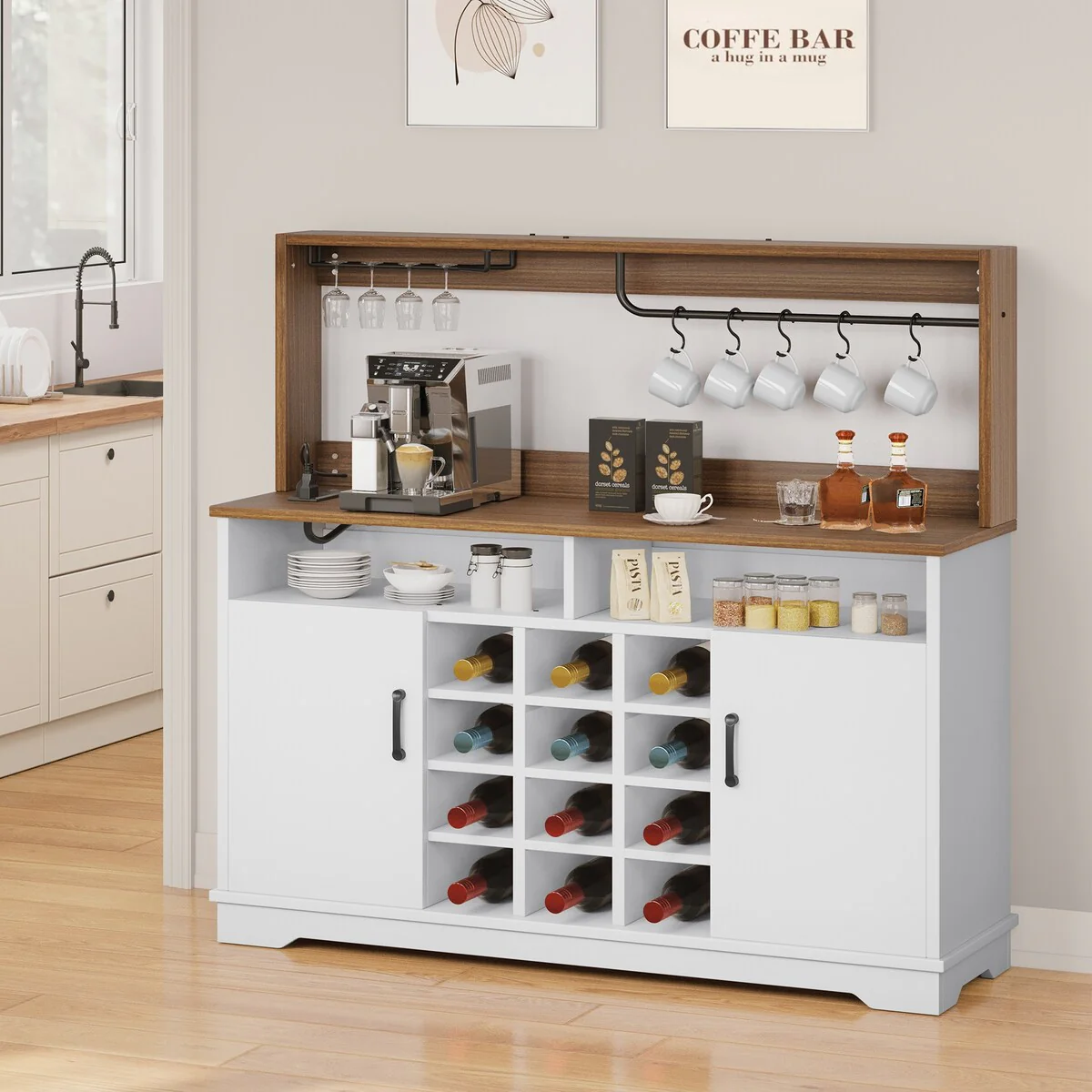 Moasis 55 Farmhouse Coffee Bar Cabinet Wine Buffet Cabinet - 15.7D x 54.7W x 50.3H