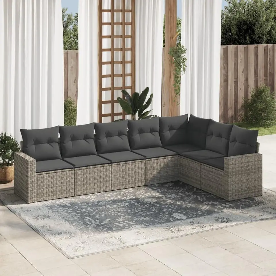 vidaXL Loungeset met kussens voor 7 personen - Grijs - Poly Rattan - 7 stuks