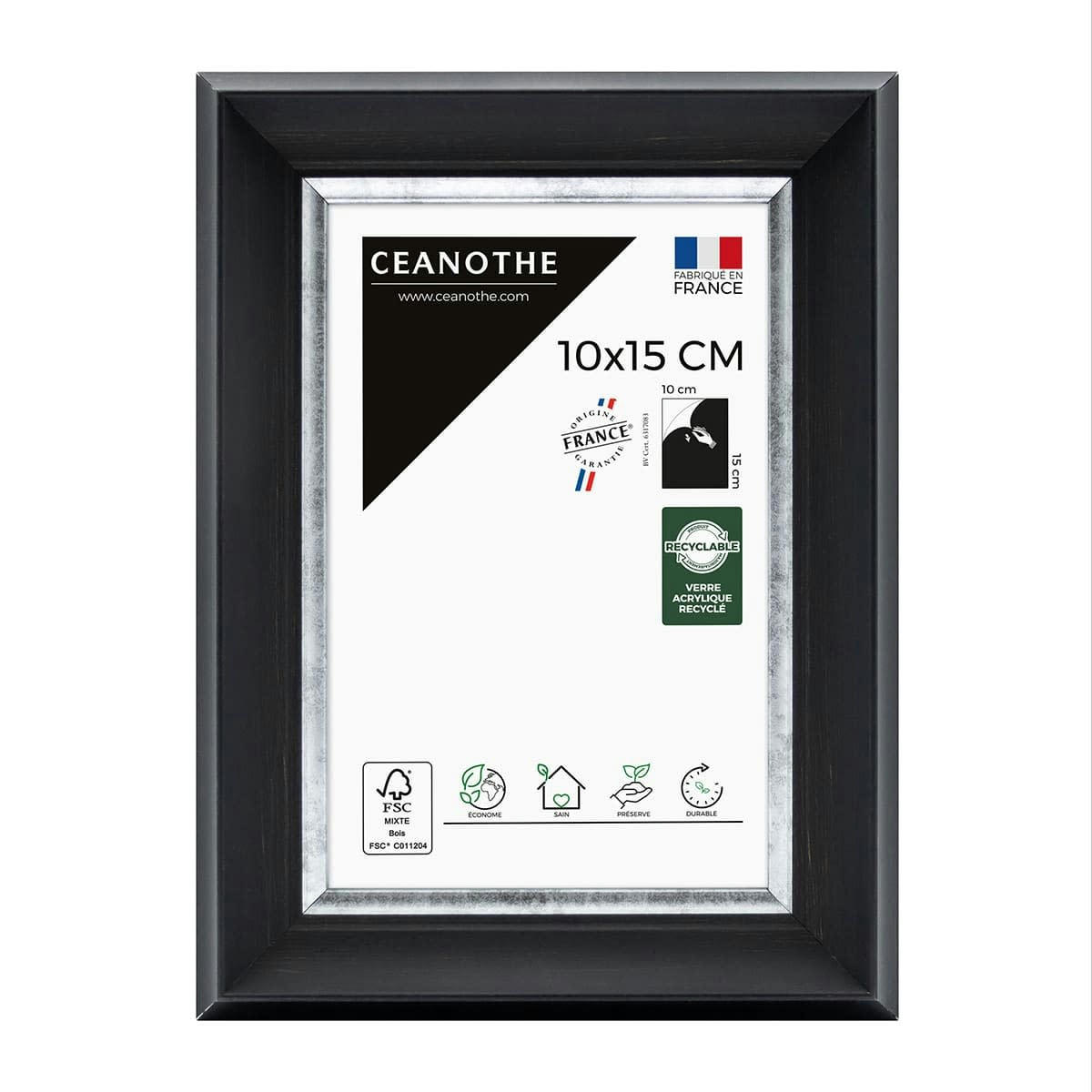 PANDORE - Cadre photo noir et finition argent 10x15 cm résine recyclée