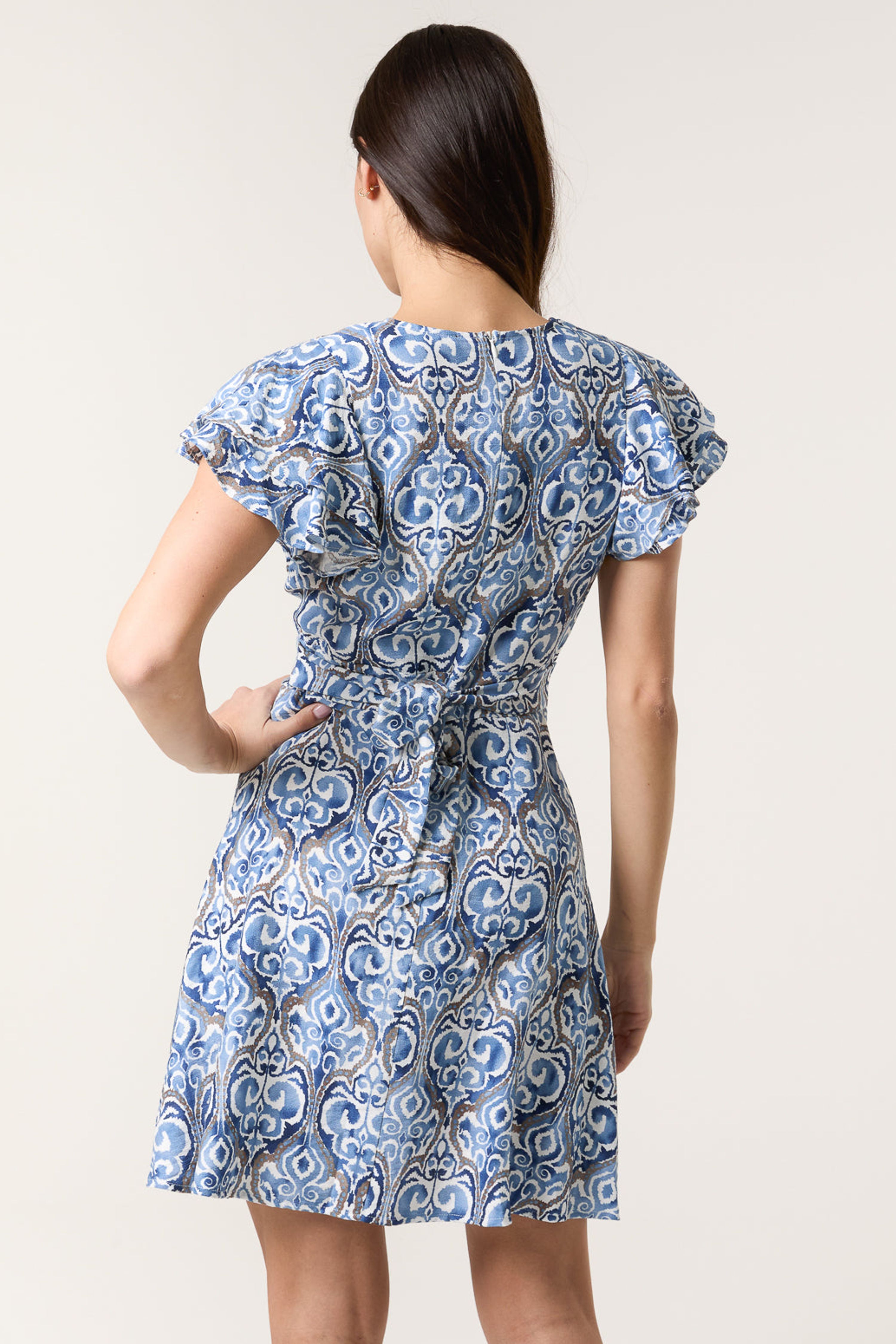 Blue Vanilla Blue Printed Wrap Front Belted Waist Dress