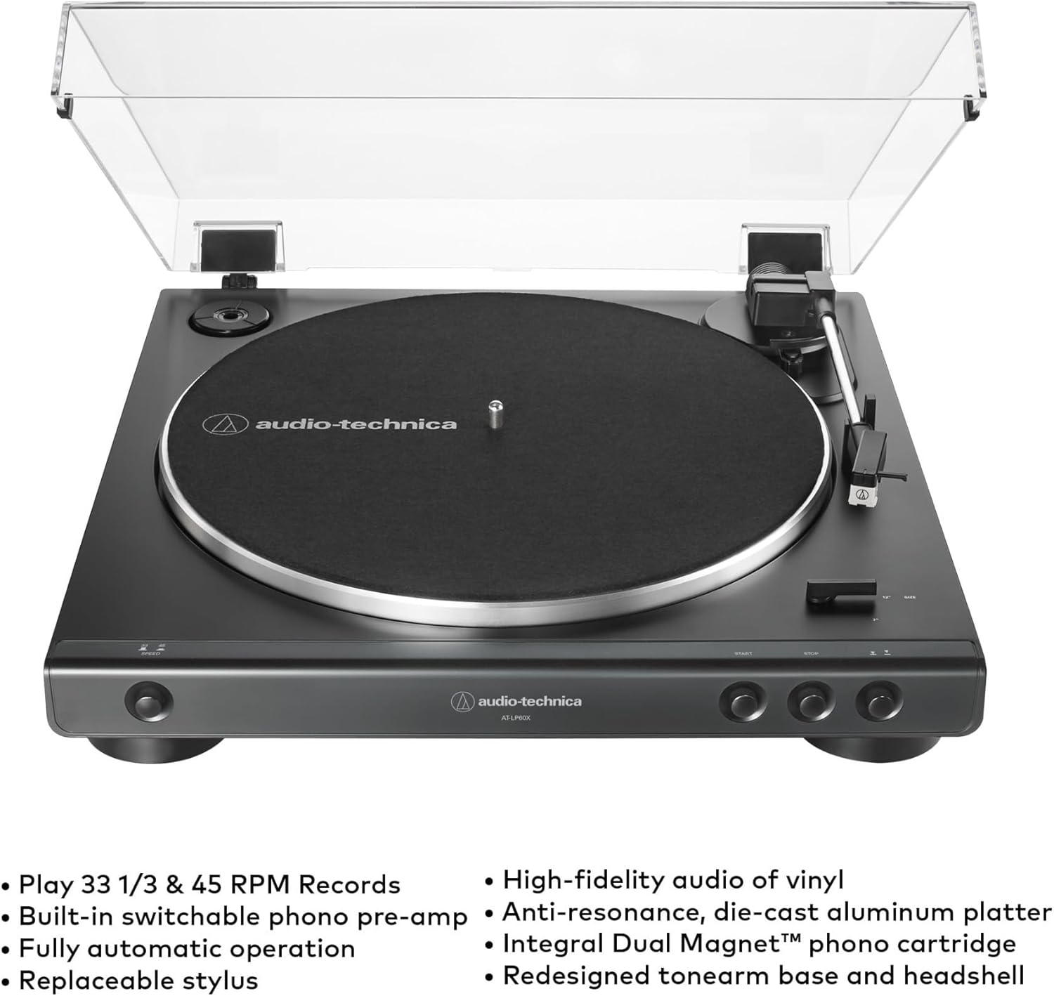 Audio-Technica AT-LP60X Fully Automatic Belt-Drive Stereo Turntable with Built-in Preamp and USB Output Vinyl Playback Bundle with 3-Inch Powered Studio Monitors Pair (Black) (3 Items)