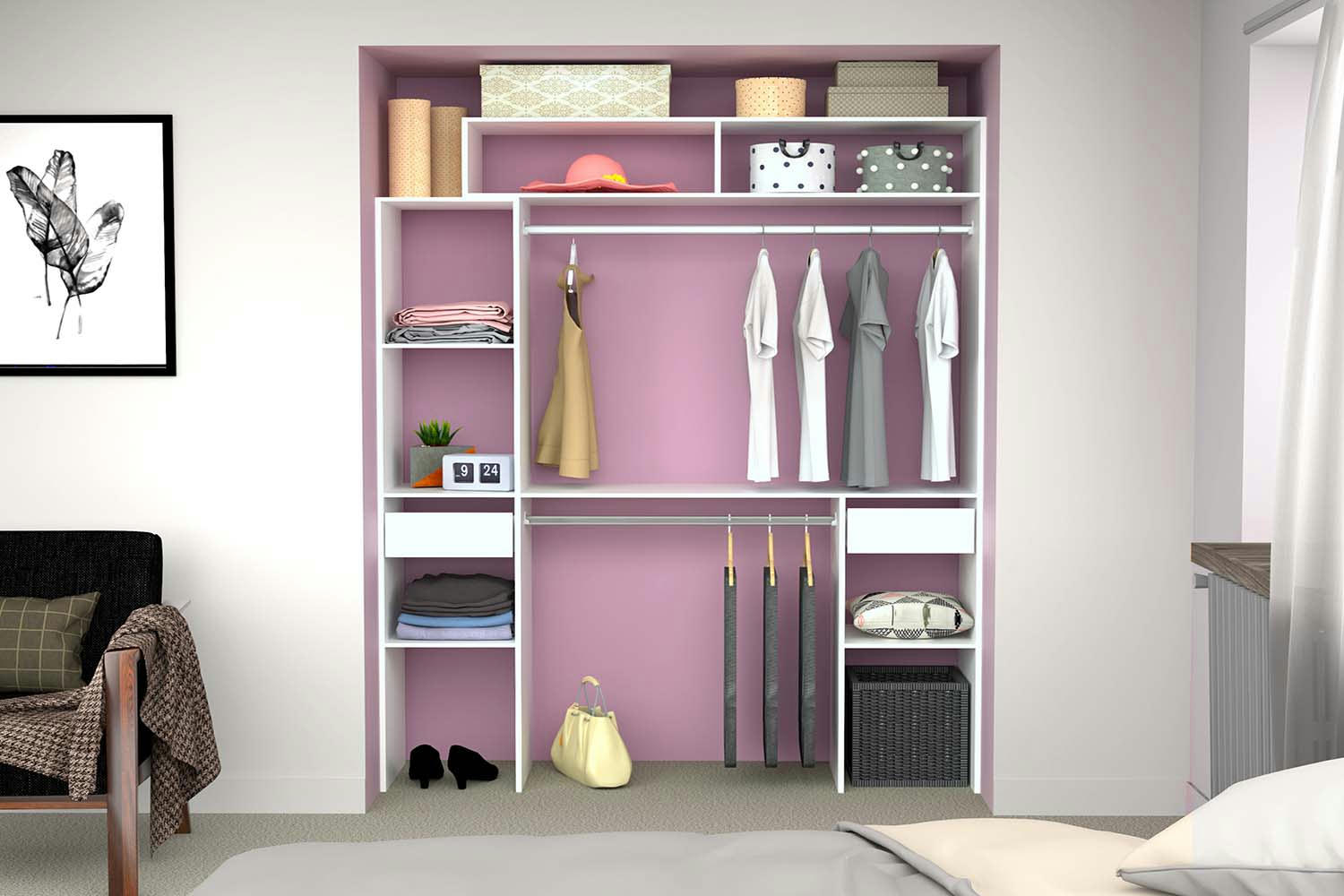 ELYSEE - Dressing blanc extensible avec 2 penderies, 4 étagères et 2 tiroirs