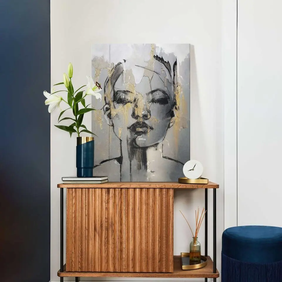 Schilderij Gezicht - 70 x 50 - Goudkleurig