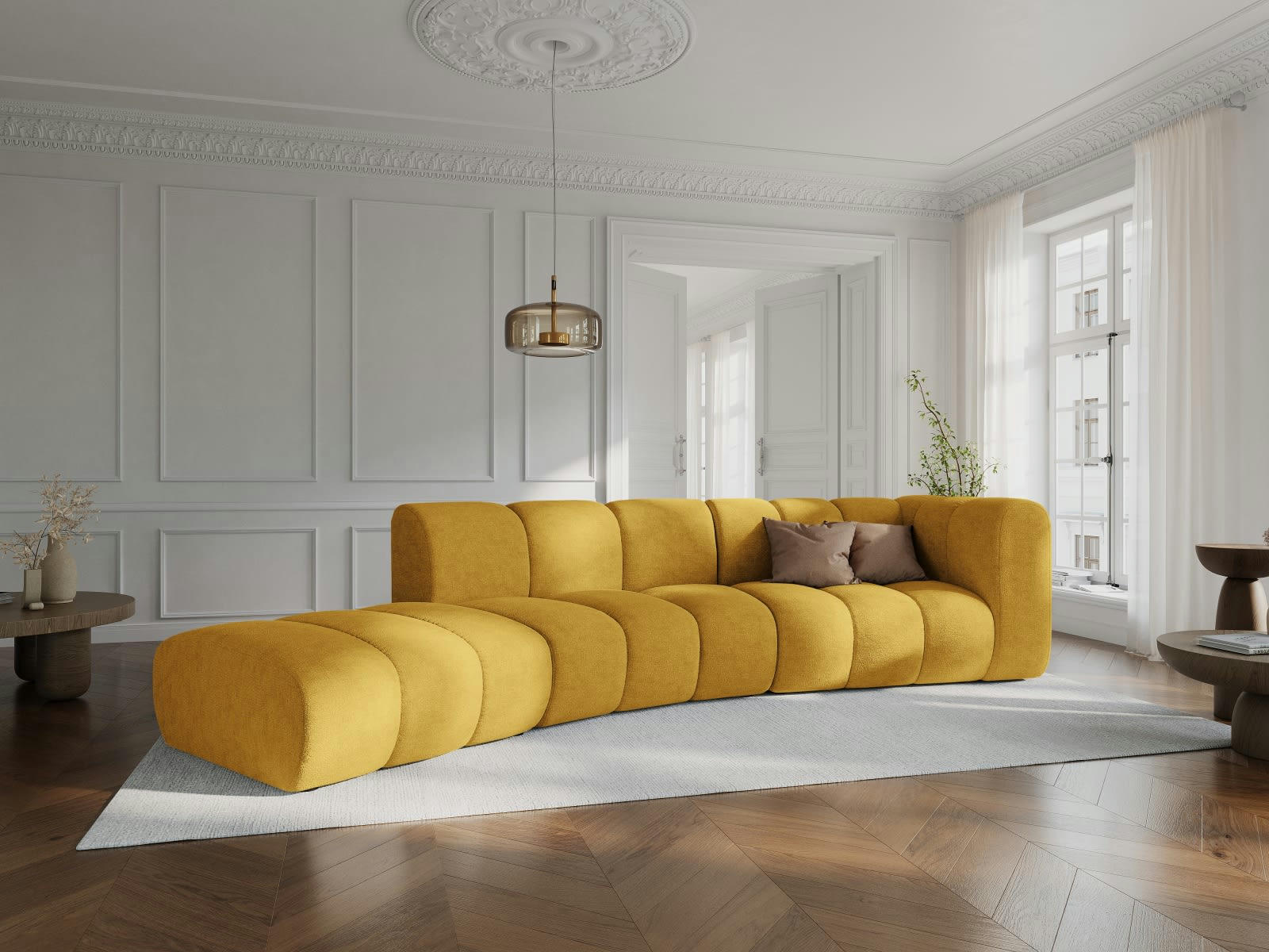 LUPINE - Canapé gauche 5 places en tissu chenille jaune