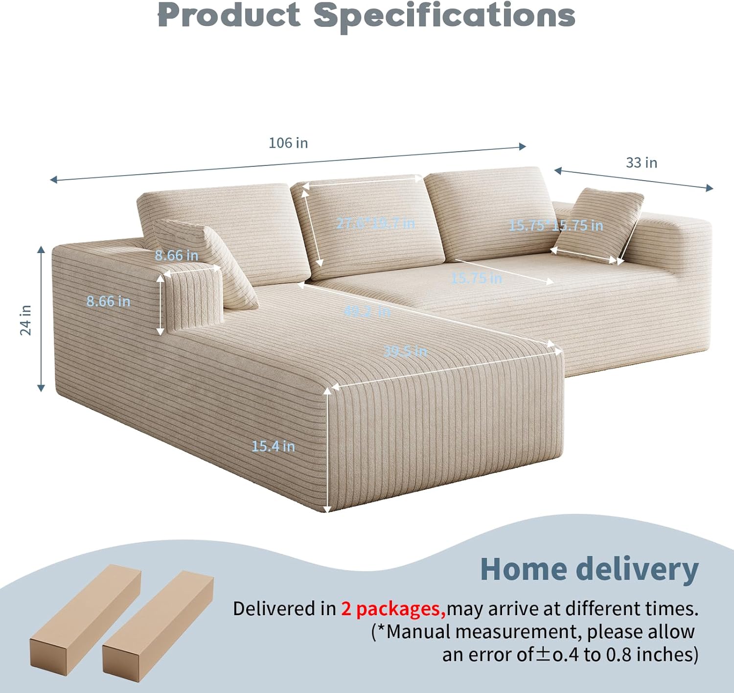 106 Corduroy Sectional Couch, Boneless L Shaped Couch with Deep Seat, Cloud Foam Sofa with Oversized Chaise, Sectional Sofa No Assembly Needed for Living Room