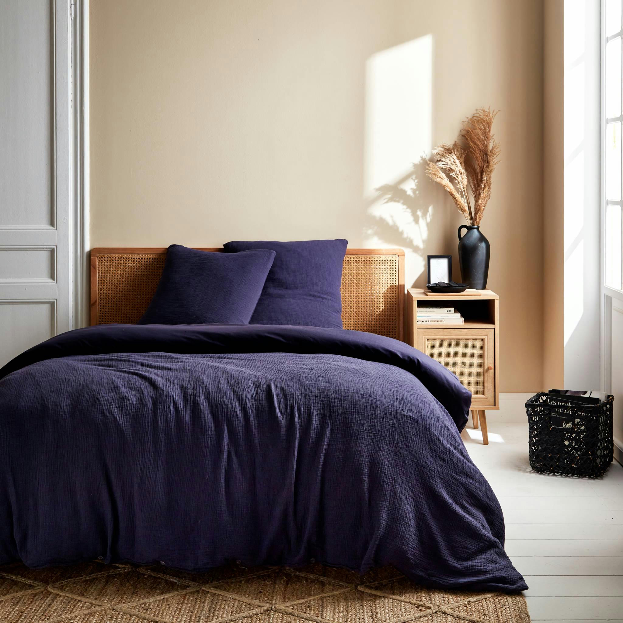 ALIX - Parure de lit gaze de coton bleu marine 240x220cm