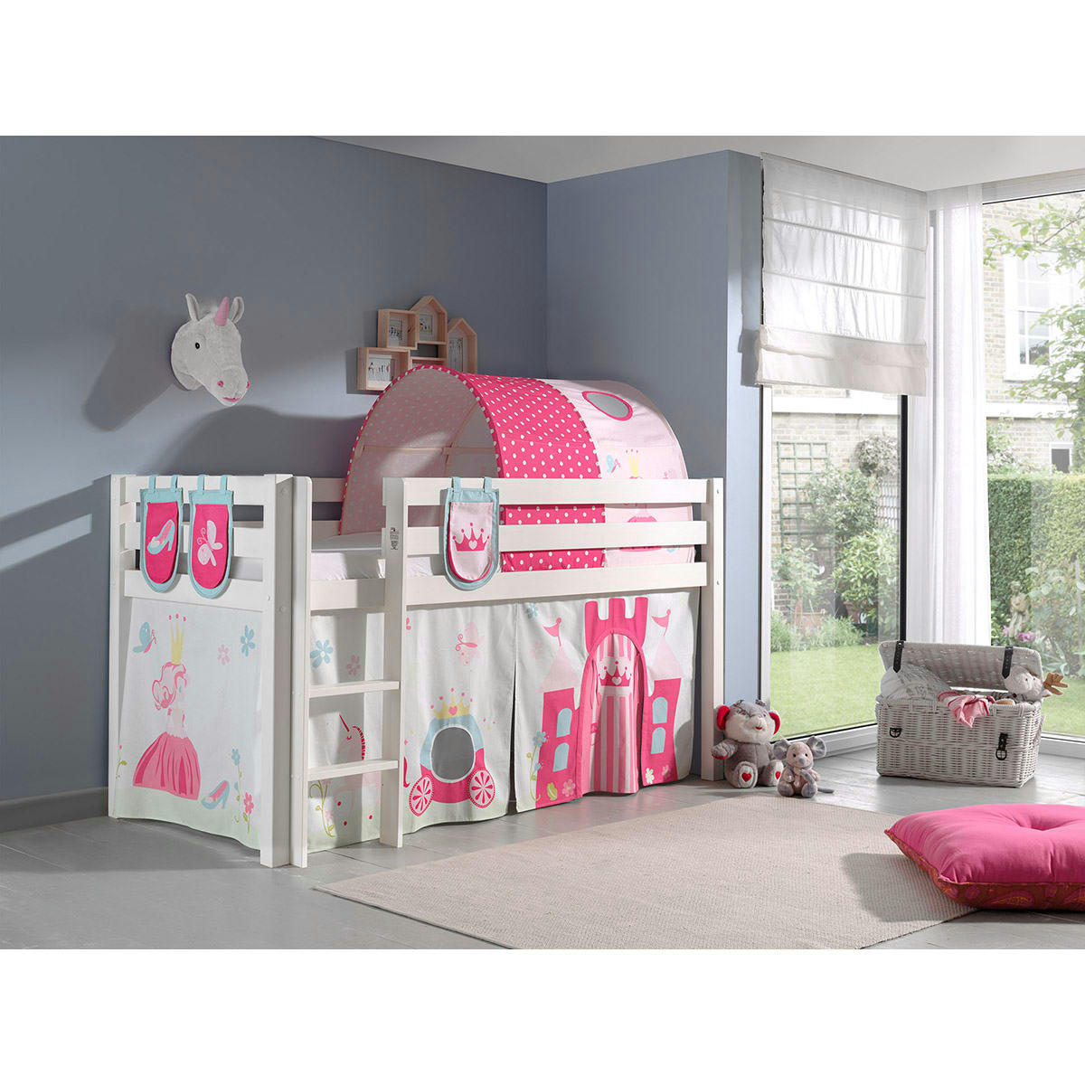 PINO - Lit mi-hauteur 90x200 sommier inclus housse princesse blanc