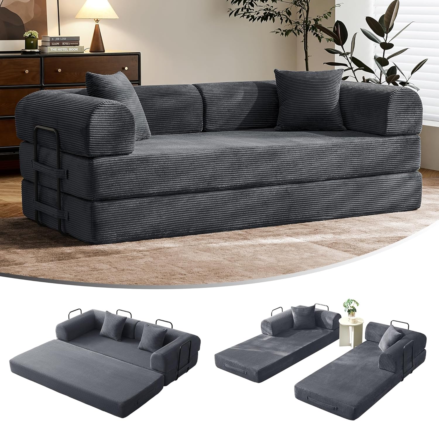 SAVENICA 79 Floor Sofa Bed, 5-in-1 Convertible Sleeper Sofa with Removable Armrests, Corduroy Fabric Sofa Couch, No Assembly Required for Living Room, Dorm, Studio (Dark Gray)