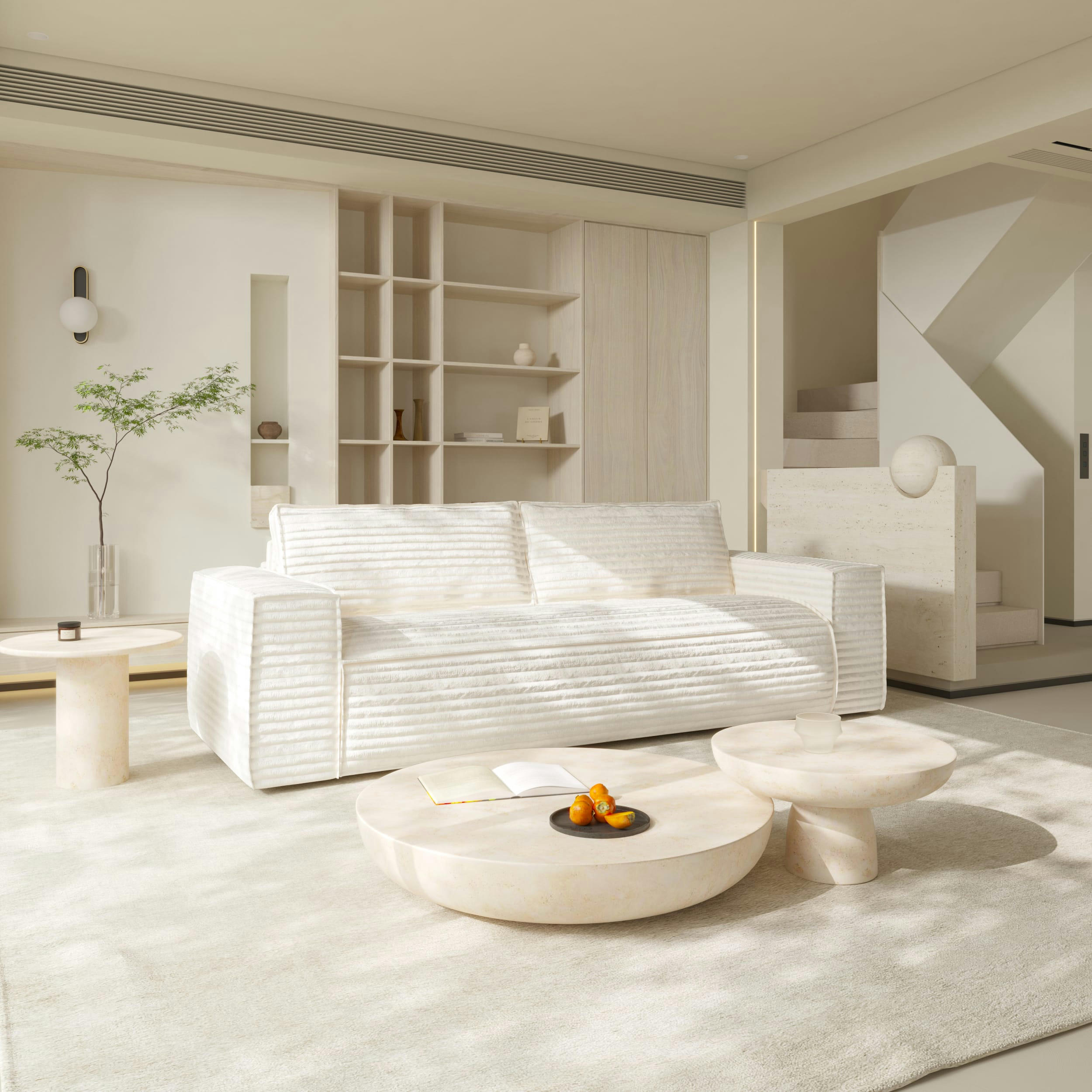 JOAN - Canapé convertible express dunlopillo velours côtelé XXL crème 160cm