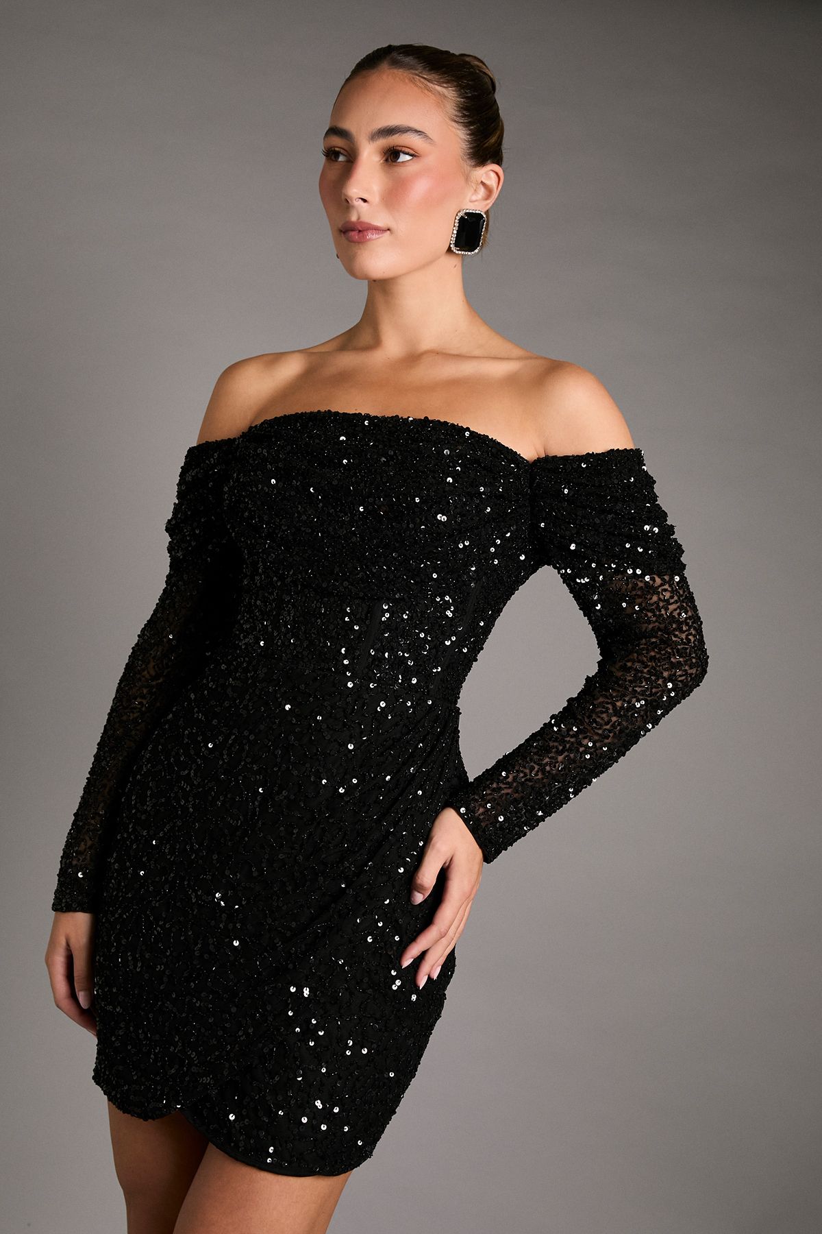 Coast Sequin Party Bardot Long Sleeve Wrap Skirt Mini Dress