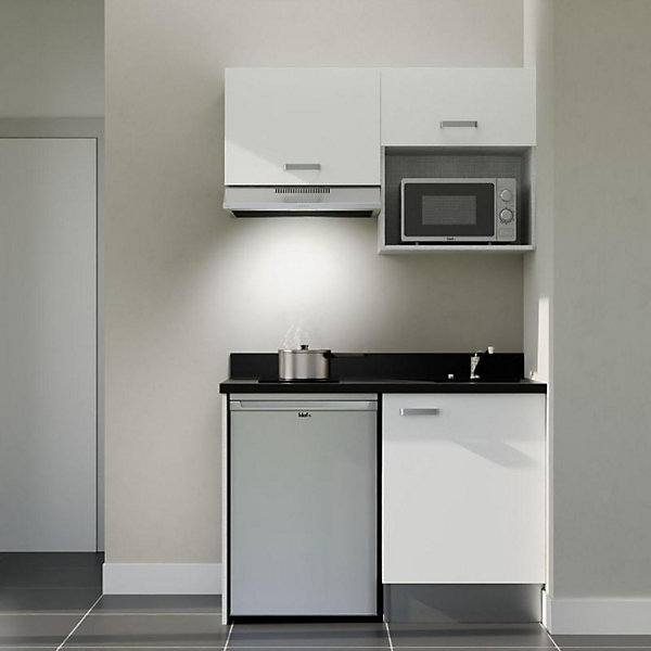 Kitchenette K02 - 120 cm - façades Blanc - Plan monobloc en quartz coloris Nero évier à droite - Electroménager Inox