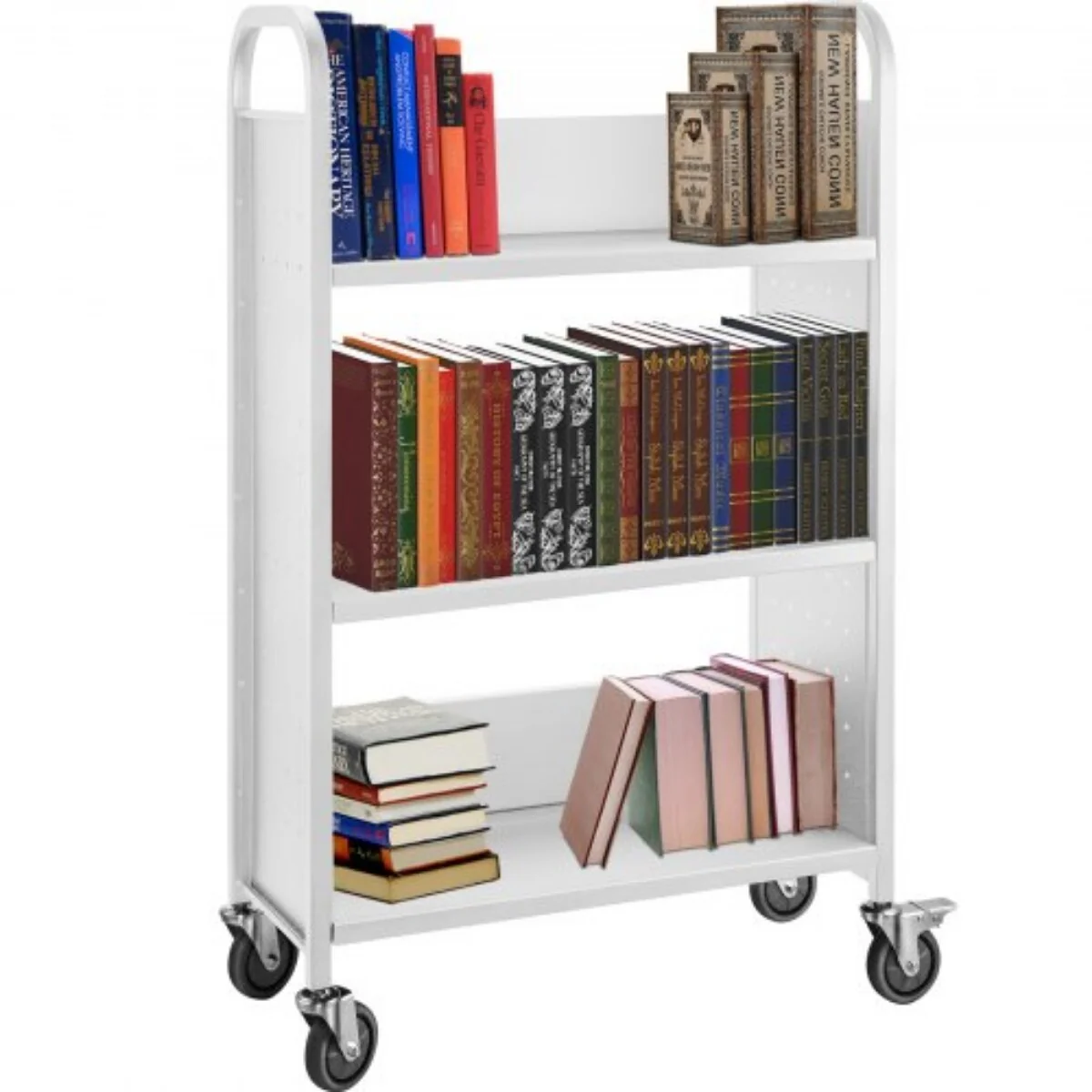 Rolling Book Cart with Lockable Wheels L-Shaped Shelves for Office & Home - 49.2''x29.5''x13.8''