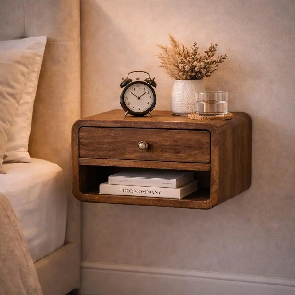 Artisan Furniture Massief hout Afgerond nachtkastje met &eacute;&eacute;n lade