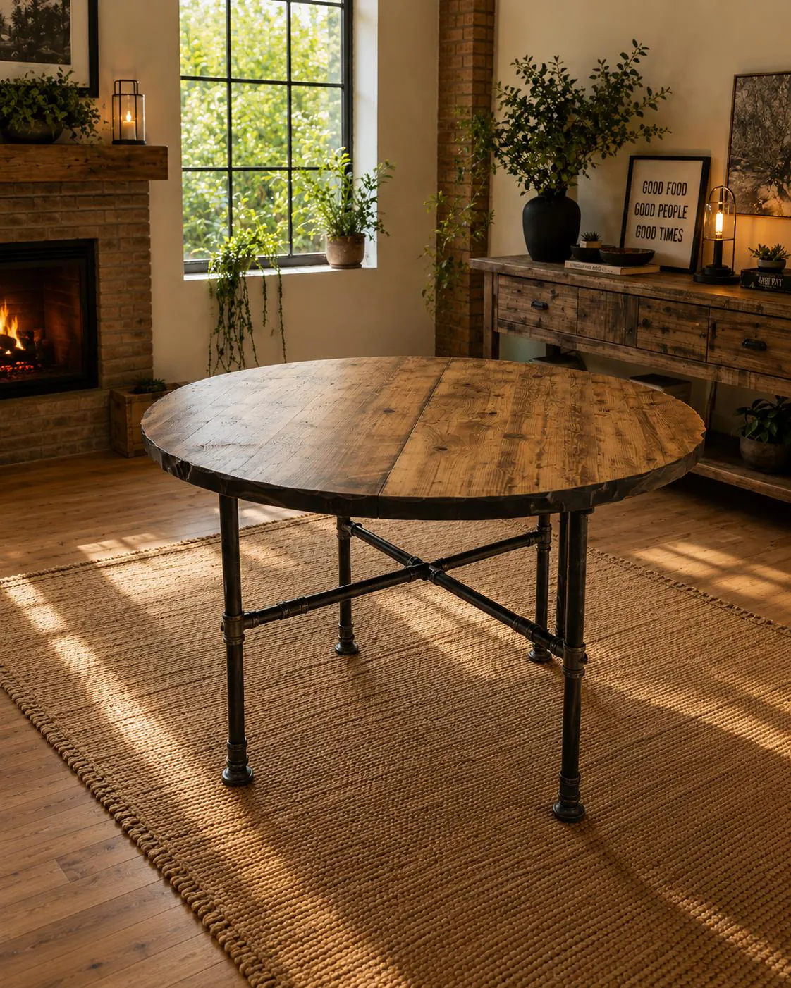 Reclaimed Distressed Round Dining Table with X Pipe Base. Standard , Counter , or Pub / Bar Height