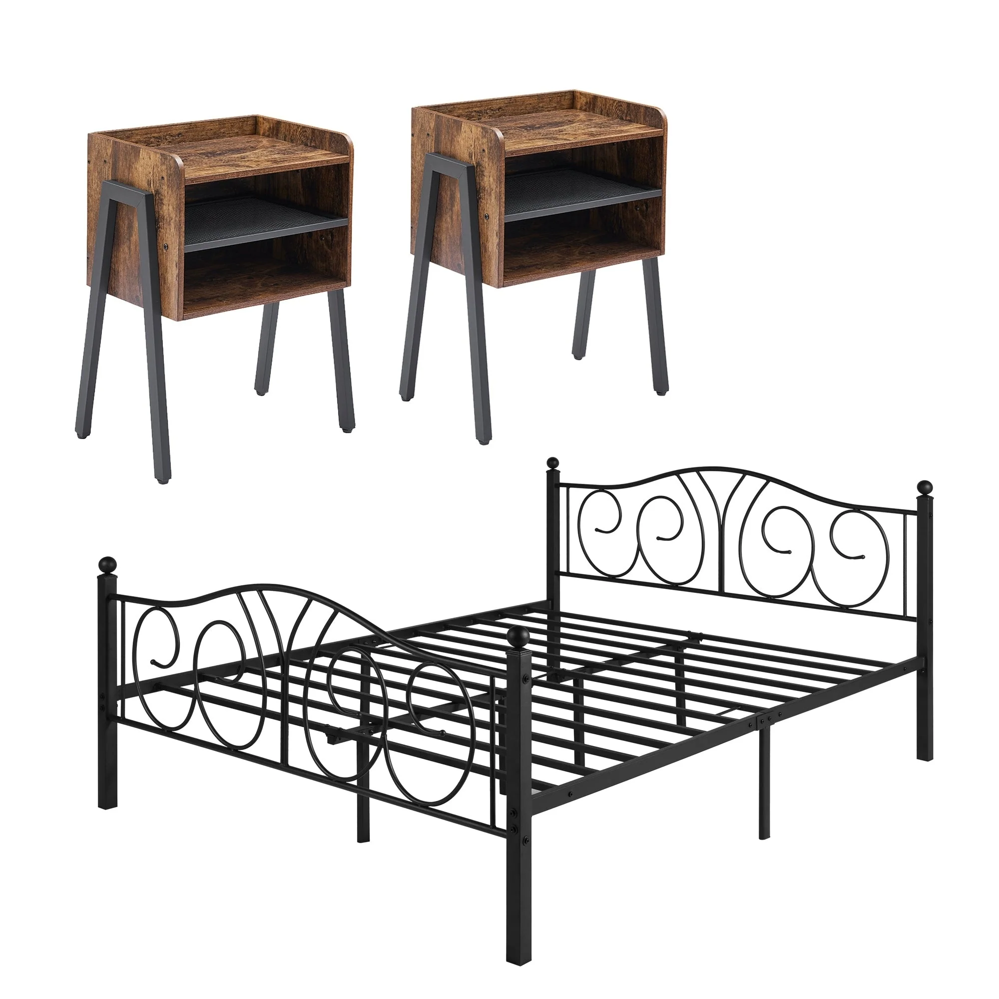 Taomika 3-Pieces Modern Black Metal Bed Frame and Brown Nightstand Sets