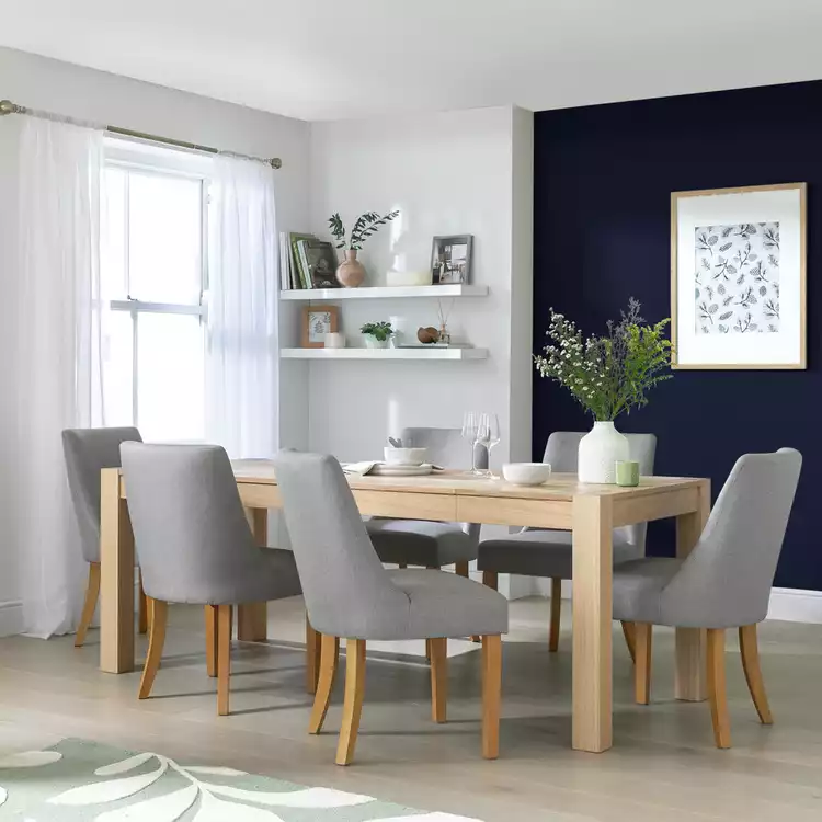 Habitat Alston Extend Natural Dining Table & 6 Grey Chairs