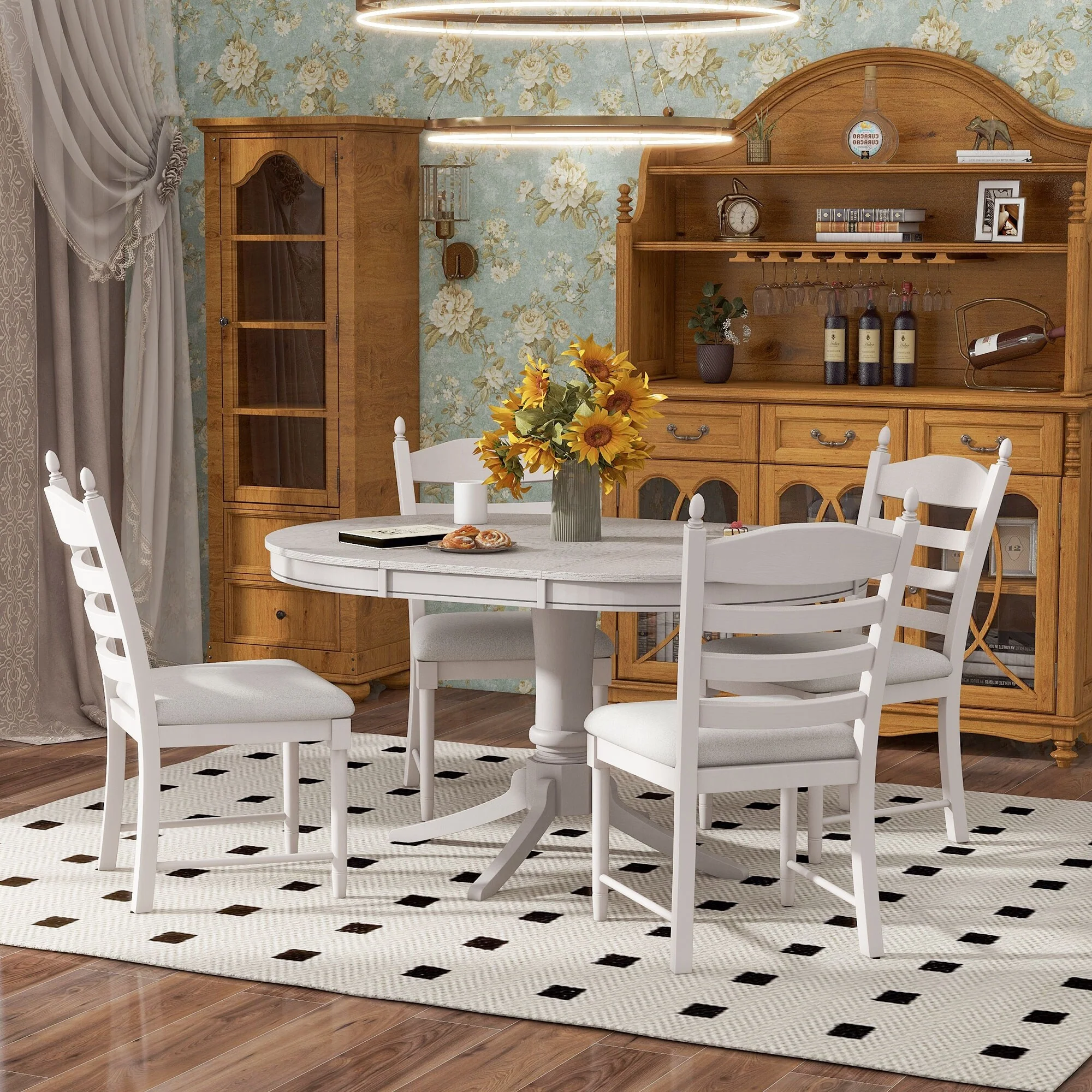 5-Piece Dining Table Set Round Extendable Dining Table and 4 Chairs