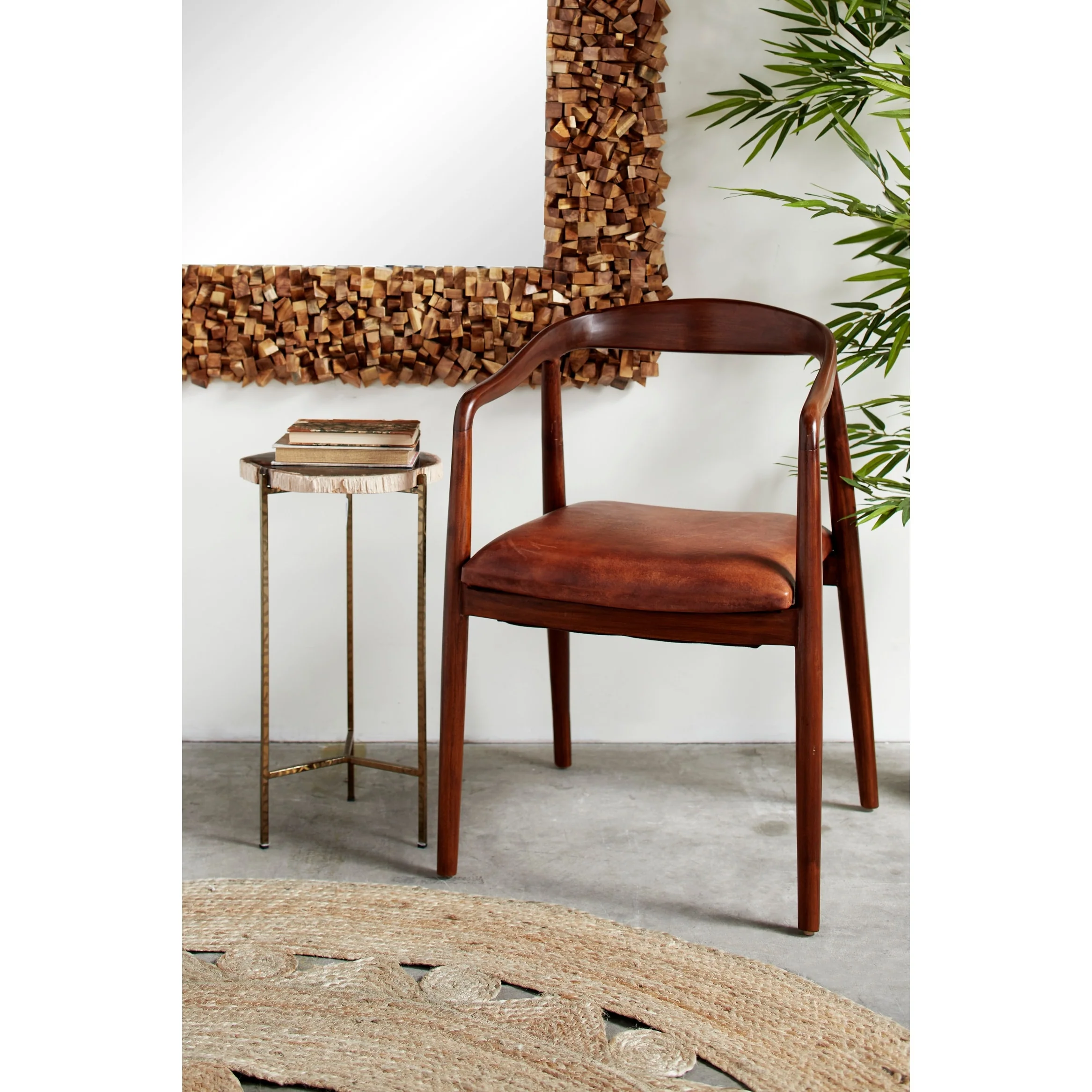 Teak Wood Handmade Rounded Dining Chair with Leather Cushion - Brown - Roche River Decor - 21W x 20L x 32H