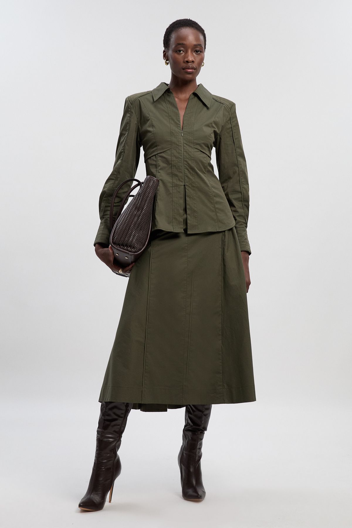 KarenMillen Pleated Detail Cotton Woven Long Sleeve Shirt