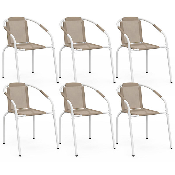 Lot de 6 chaises de jardin THELMA métal et textilène empilables blanc et beige