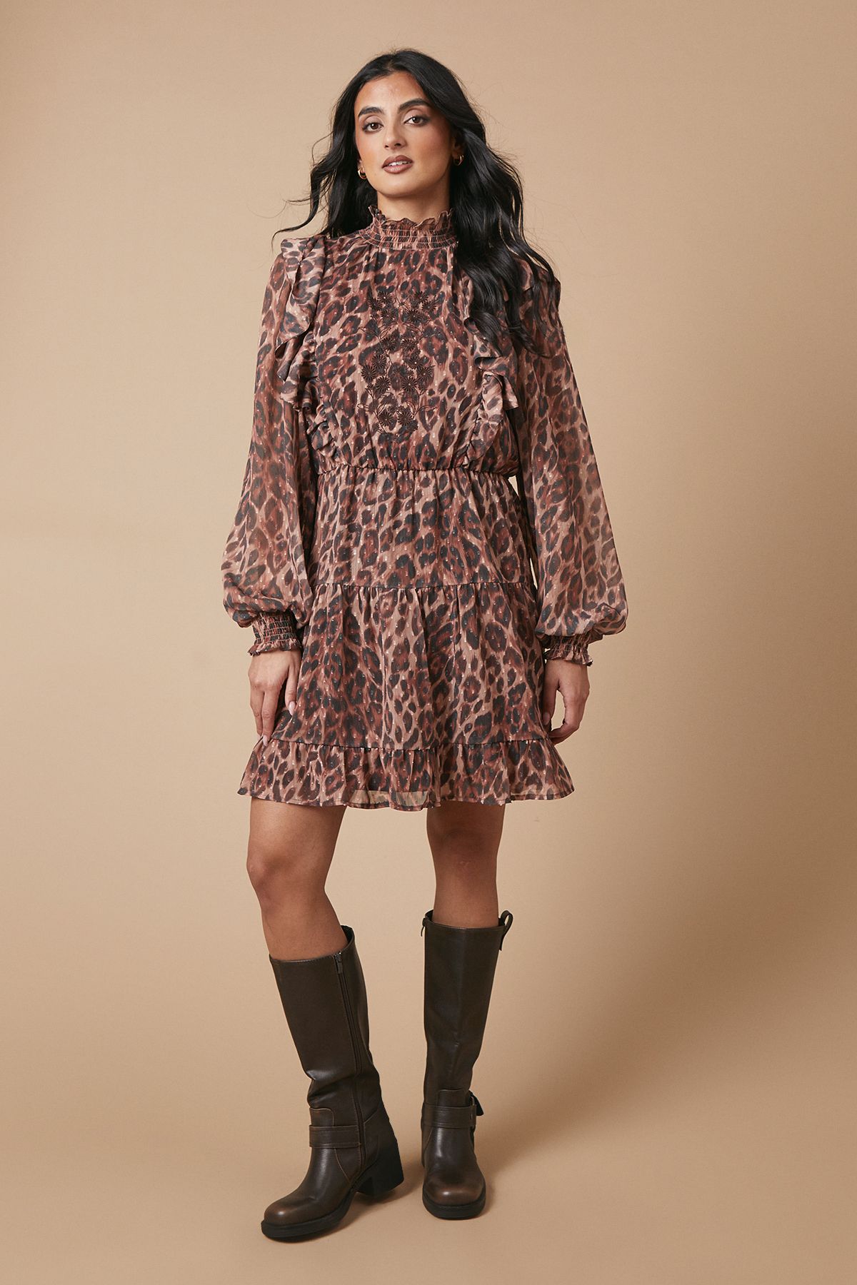 Oasis Animal Print Embroidered Dobby Chiffon Mini Dress