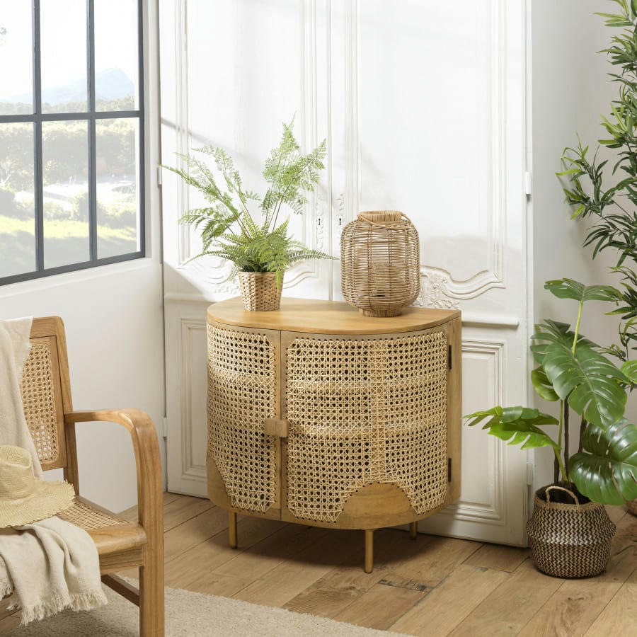 ISA - Buffet marron 2 portes bois de manguier cannage pieds métal doré