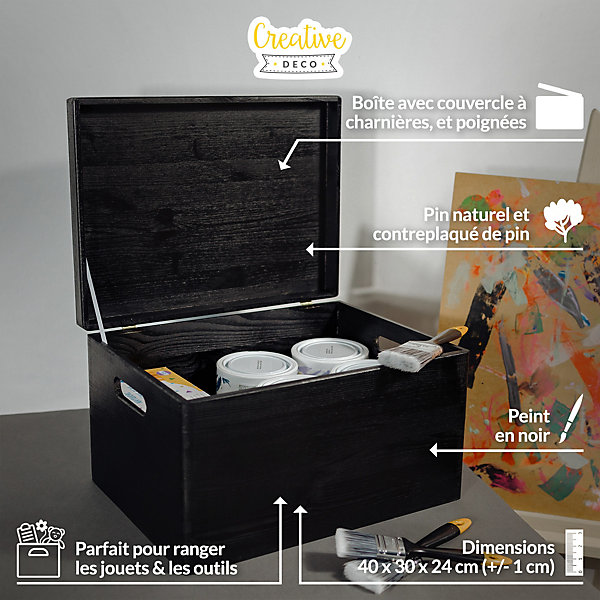 Creative Deco Boite de Rangement en Bois Noir 40 x 30 x 24 cm ( /-1cm) - Couvercle et Poignées - Boîte Souvenirs - Boîte à Jouets
