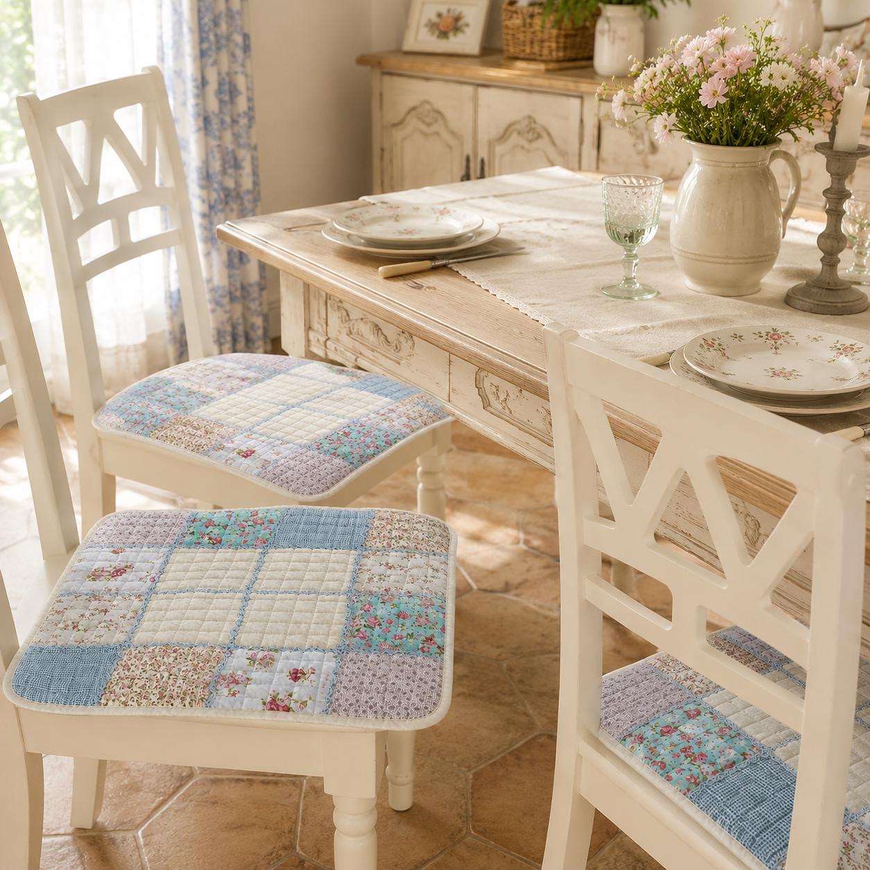 French Country Patchwork Chair Cushion | Quilted Cotton Pad, Farmhouse Style