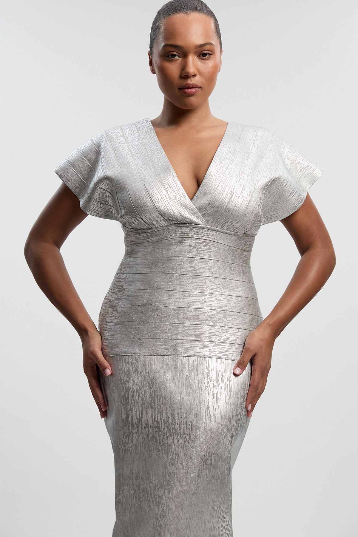 KarenMillen Plus Size Foil Metallic Figure Form Bandage Angel Sleeve Knit Maxi Dress