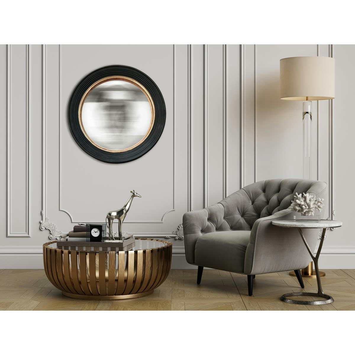 - Miroir rond convexe noir et doré 59cm