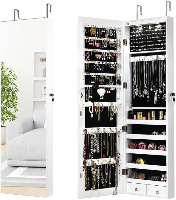 Moccha Wall Door Jewelry Armoire, Full Screen Jewelry Cabinet for Bedroom, Lockable Jewelry Cabinet, Jewelry Organizer Storage with 2 LED Lights and 2 Drawers, White