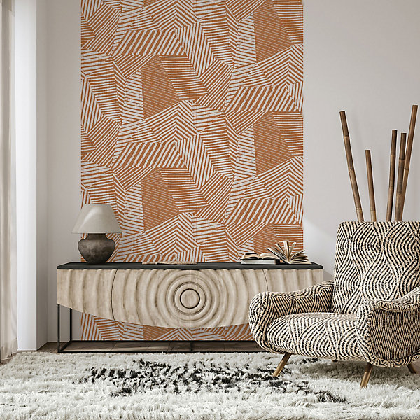 Papier peint panoramique vinyle intissé à coller formes géométriques traits cuivre L.8 4 x l.159cm