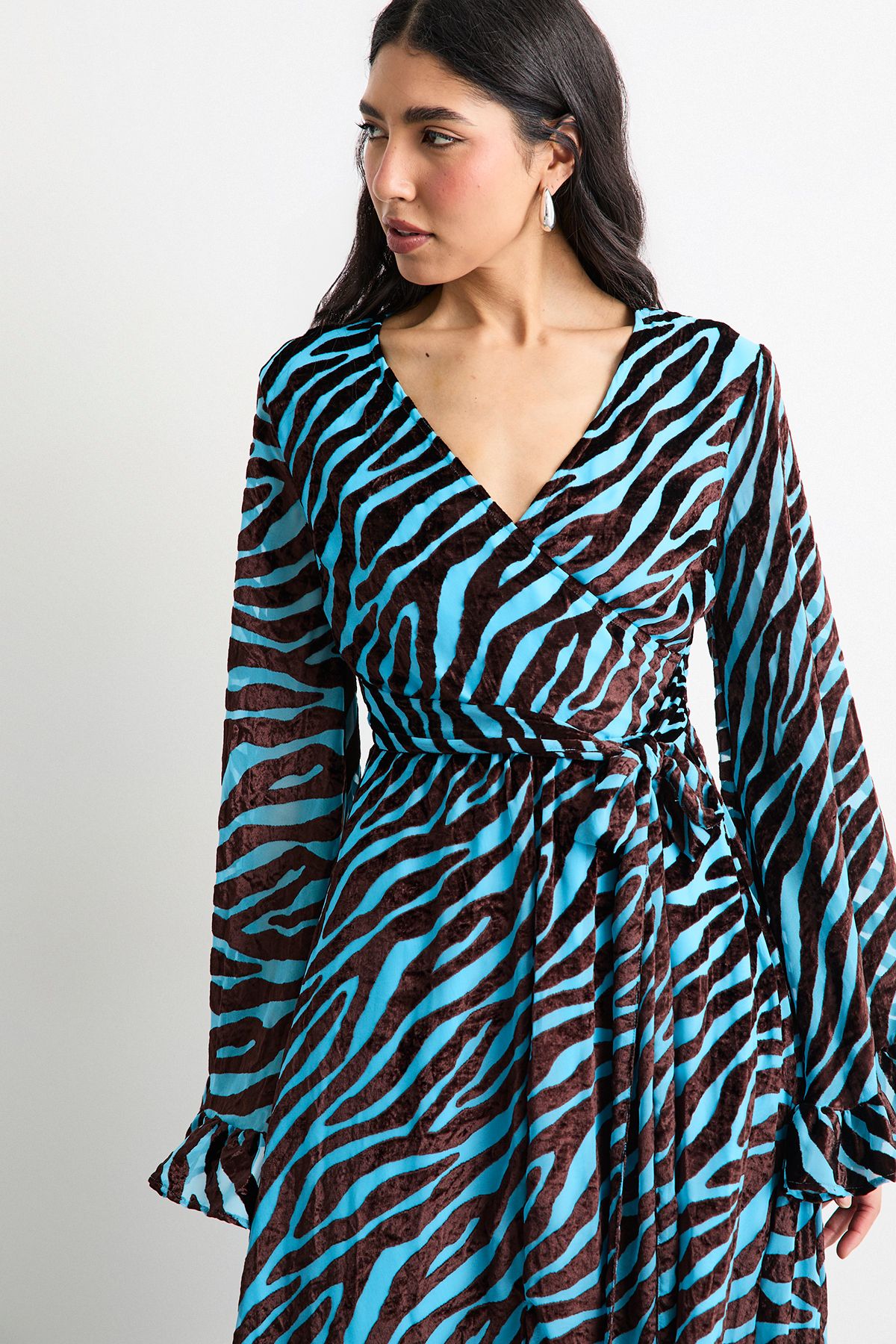 Warehouse Burnout Velvet Plunge Neck Flared Sleeve Belted Maxi Dress