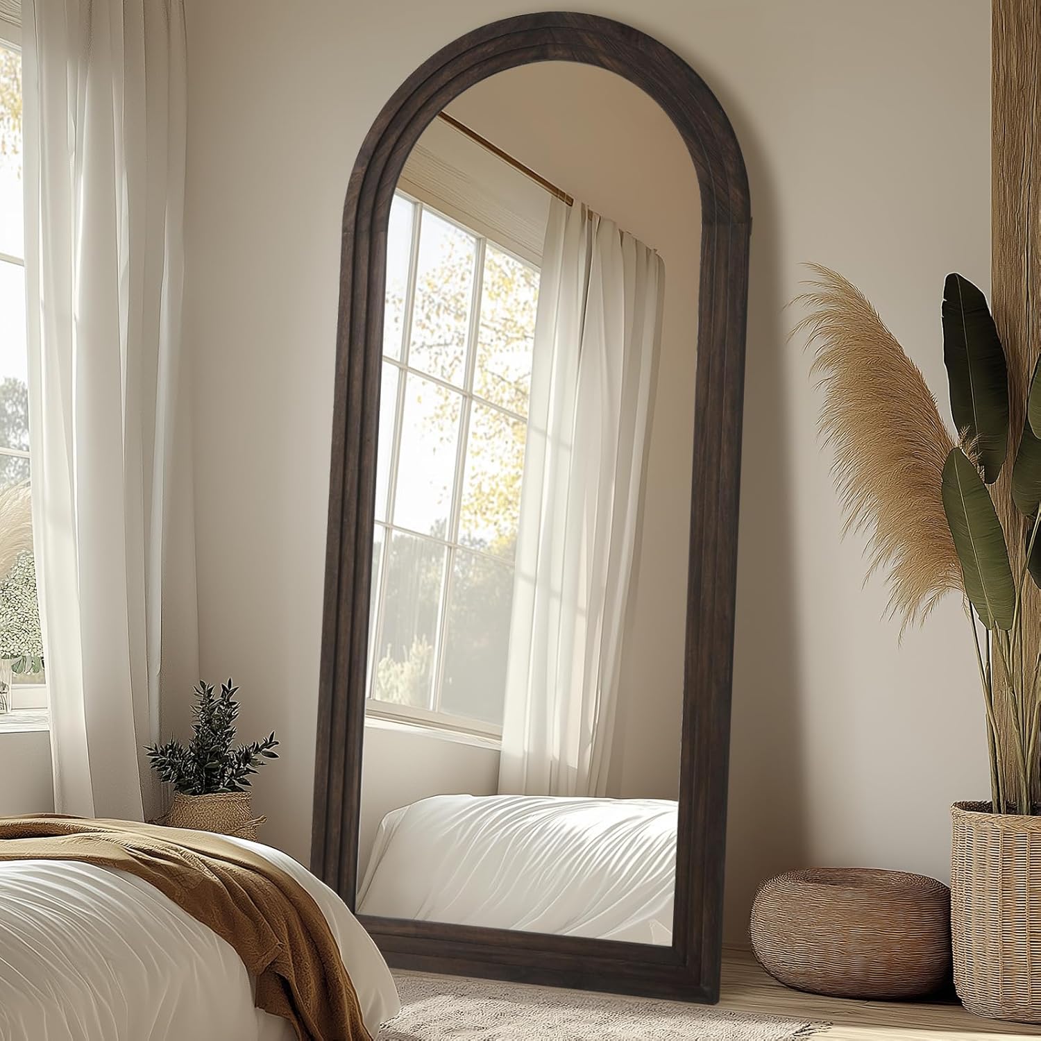 Rustic Standing Full Length Mirror Wood Frame, 71X32 Large Arched Floor Mirror with Stand, Farmhouse Wood Mirror Full Length for Bedroom Living Room Entryway, Leaning or Wall Mounted, Brown