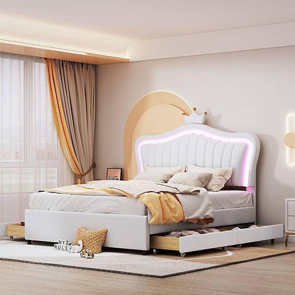 Lit enfant 140x200 cm PU blanc couronne avec LED, tiroirs, sommier à lattes et dossier, Lit fille moderne et pratique