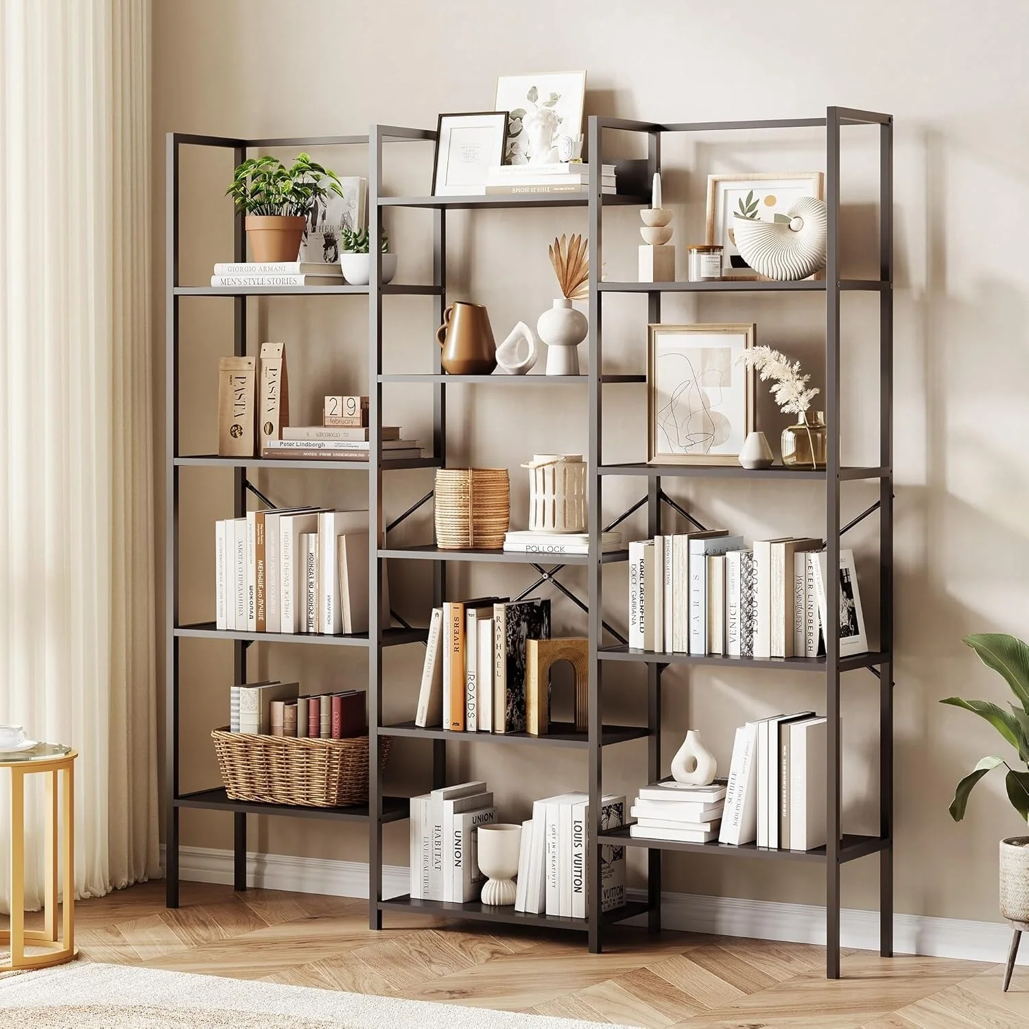 Triple Column 5-Tier Bookshelf, Rustic Industrial Bookshelf with Frame