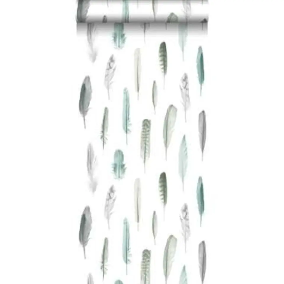 ESTAhome behang - veren - mintgroen en cr&egrave;me beige - 53 cm x 10,05 m