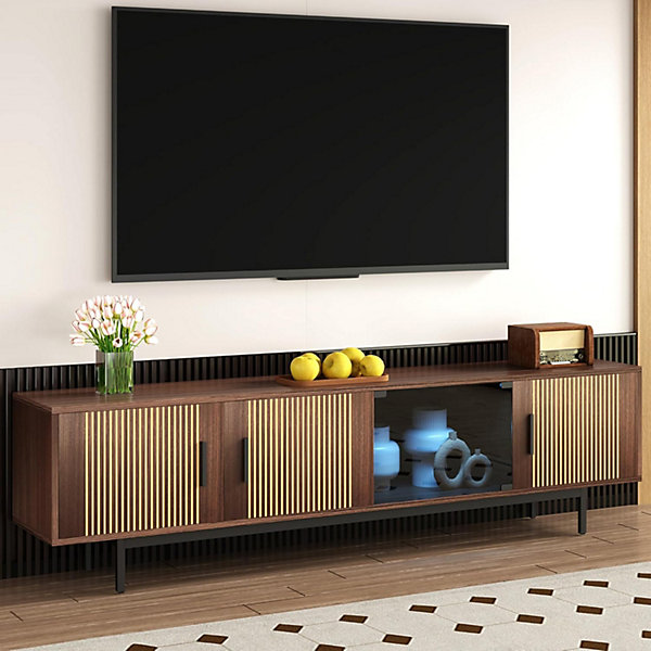 Meuble TV avec Barre Lumineuse LED et Porte en Verre trempé lowboard avec Texture sculptée pour Salon Salle à Manger Table TV