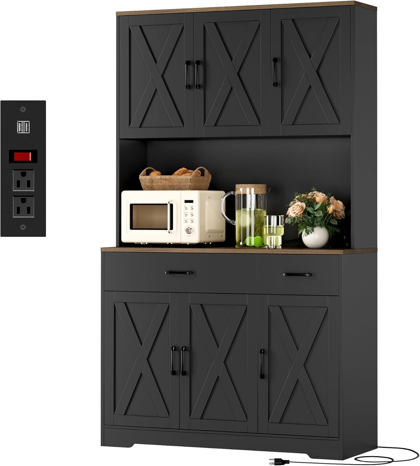 HOSTACK 71 Pantry Cabinet with Charging Station, Tall Kitchen Pantry Storage Cabinet with Microwave Stand, Farmhouse Kitchen Hutch with Storage Drawers for Living Room, Dining Room, Black