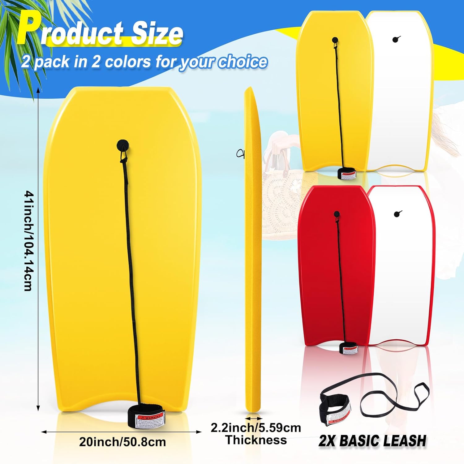 MiniInflat 2 Pack Bodyboard for Beach Lightweight Surfboards with EPS Core Pool Skim Boards with Rope Surfing Body Board for Adults Surfing Beach Lake Pool Water Parks
