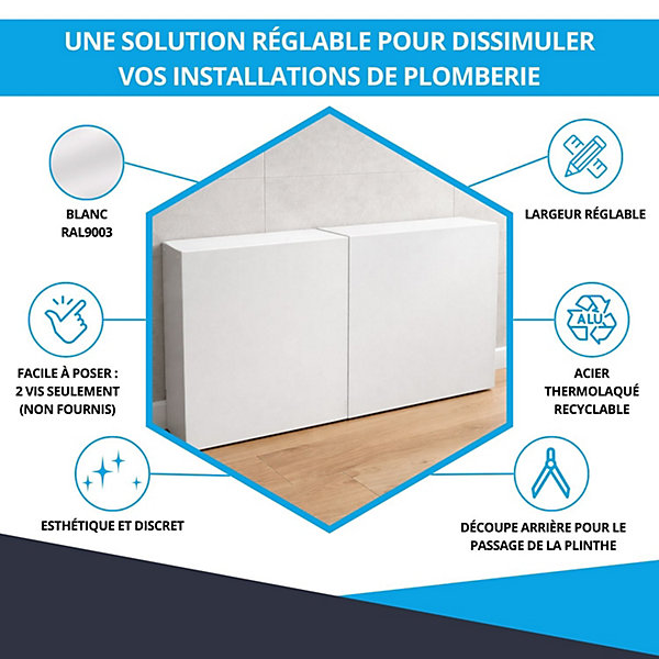 Cache nourrice plomberie ATOLE en acier Blanc - Largeur réglable - Taille 4 : 650 x 605 à 1150 x 150 mm