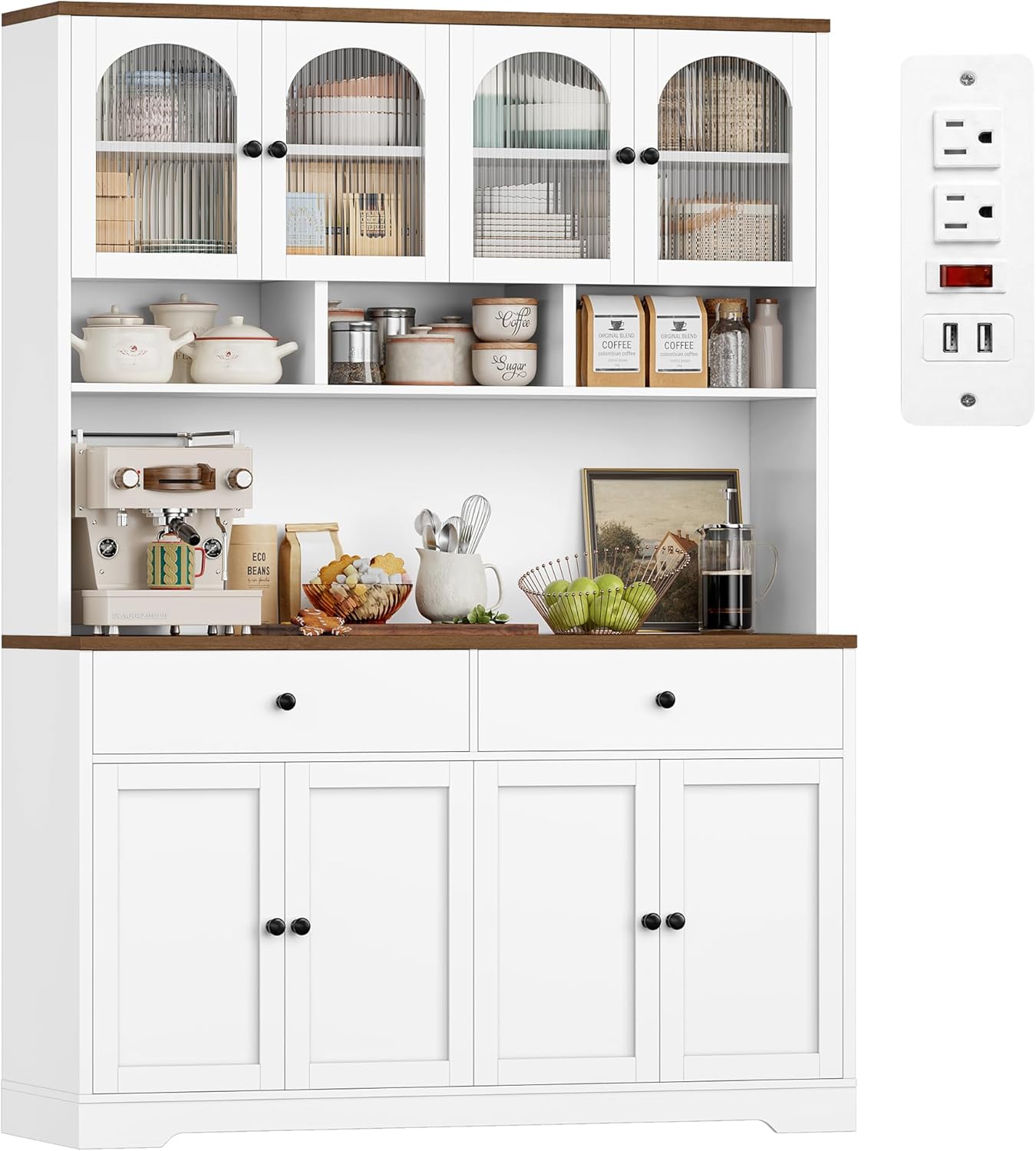 FINETONES 71 Pantry Cabinet, Tall Kitchen Pantry Storage Cabinet with Charging Station, 47.2 Wide Kitchen Hutch Food Storage Cabinets with Open Countertop for Dining Room, White
