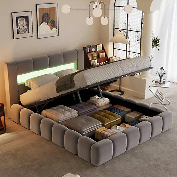 Lit coffre style nuage LED 160x200cm velours gris avec tête de lit et sommier - OMAHA